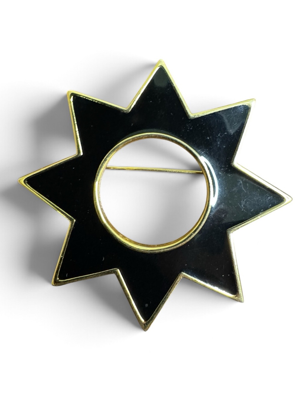 Monet Black Enamel 8 Point Star Brooch Pin Gold Plated